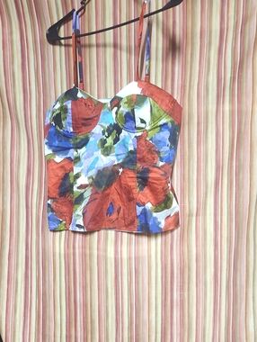 21 Floral Bustier Cami in Red, Blue & Green Zips Built In Bra